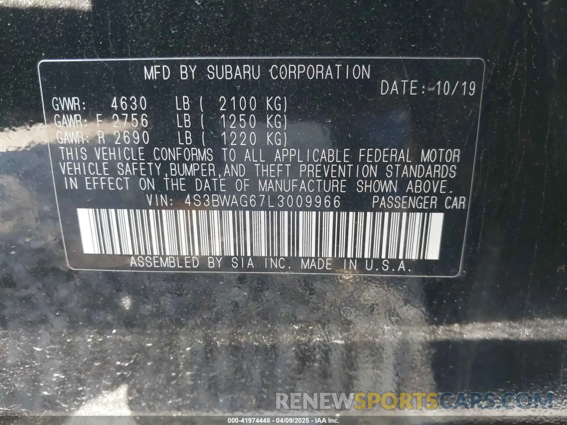 9 Photograph of a damaged car 4S3BWAG67L3009966 SUBARU LEGACY 2020