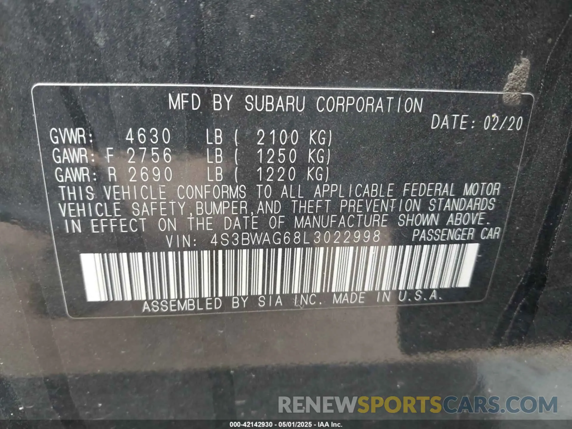 9 Photograph of a damaged car 4S3BWAG68L3022998 SUBARU LEGACY 2020