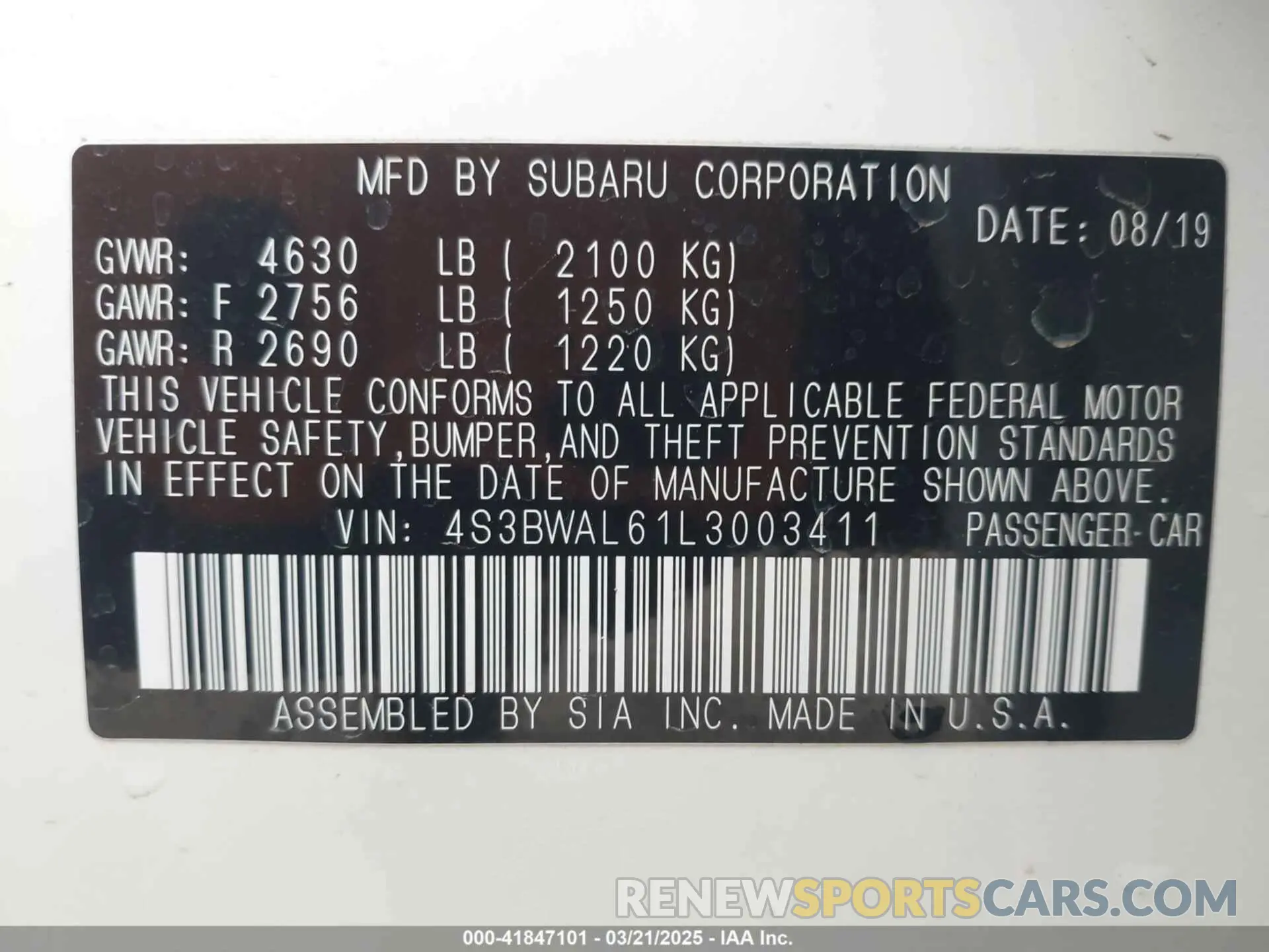 9 Photograph of a damaged car 4S3BWAL61L3003411 SUBARU LEGACY 2020