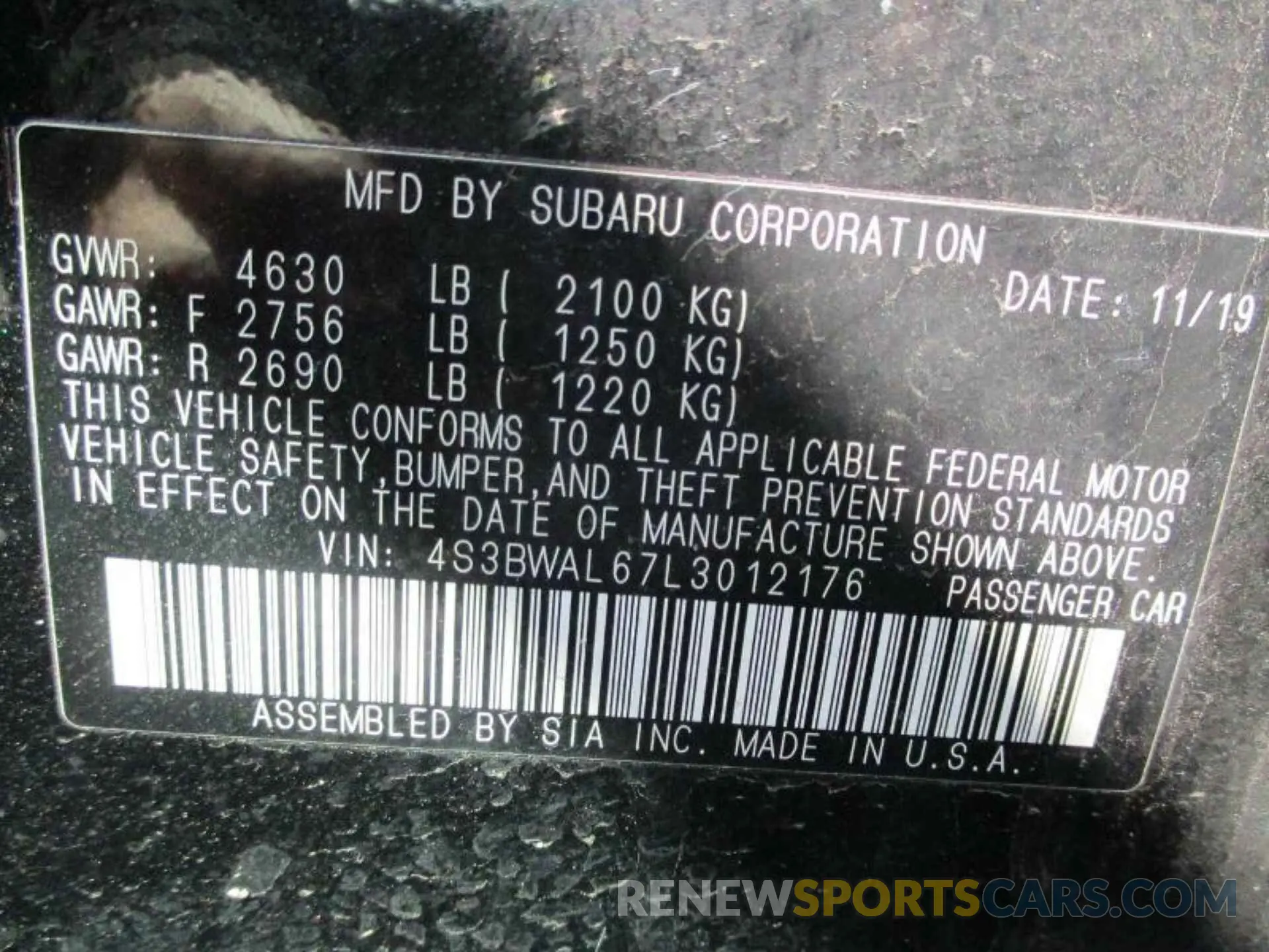 19 Photograph of a damaged car 4S3BWAL67L3012176 SUBARU LEGACY 2020