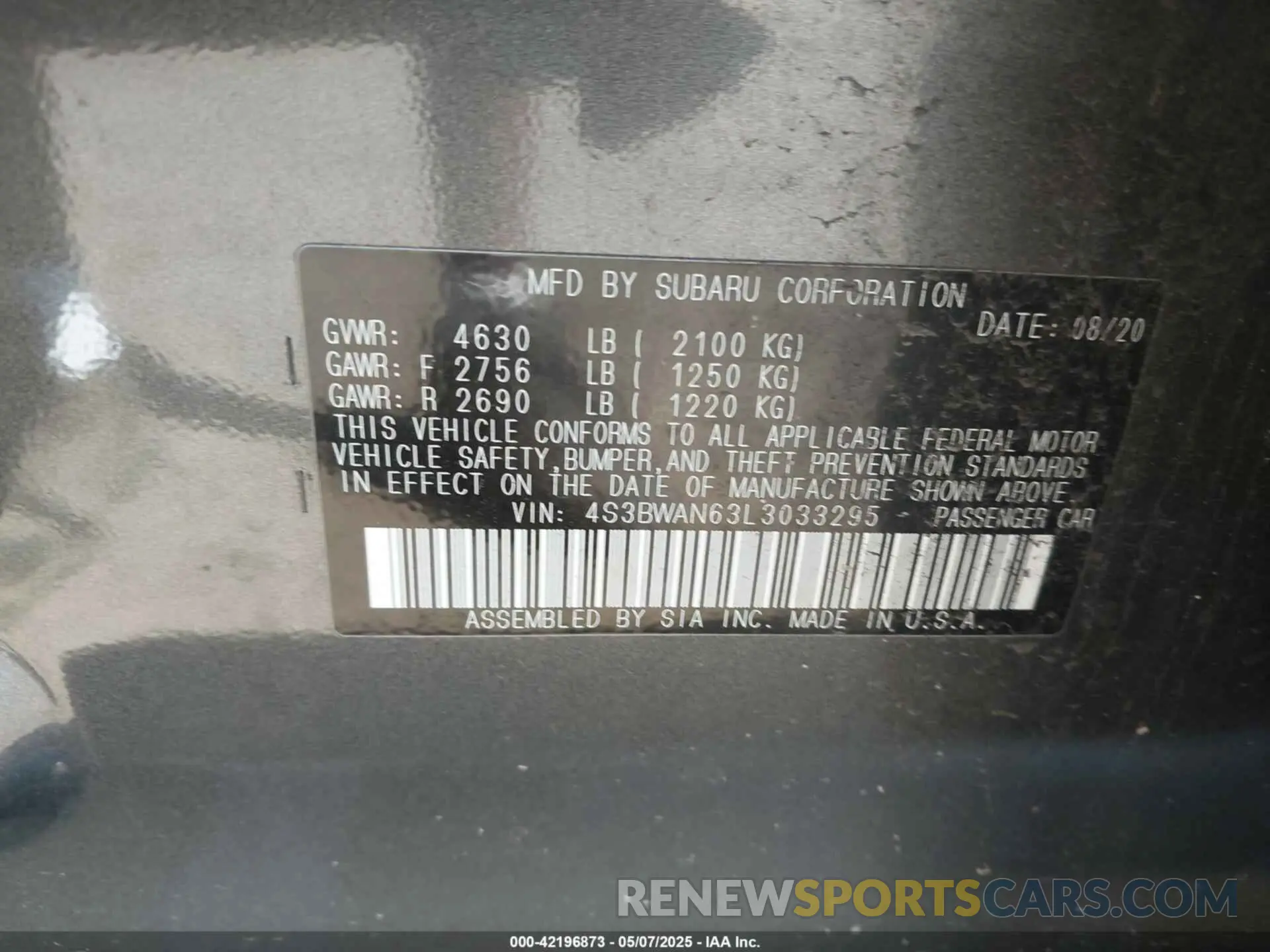 9 Photograph of a damaged car 4S3BWAN63L3033295 SUBARU LEGACY 2020