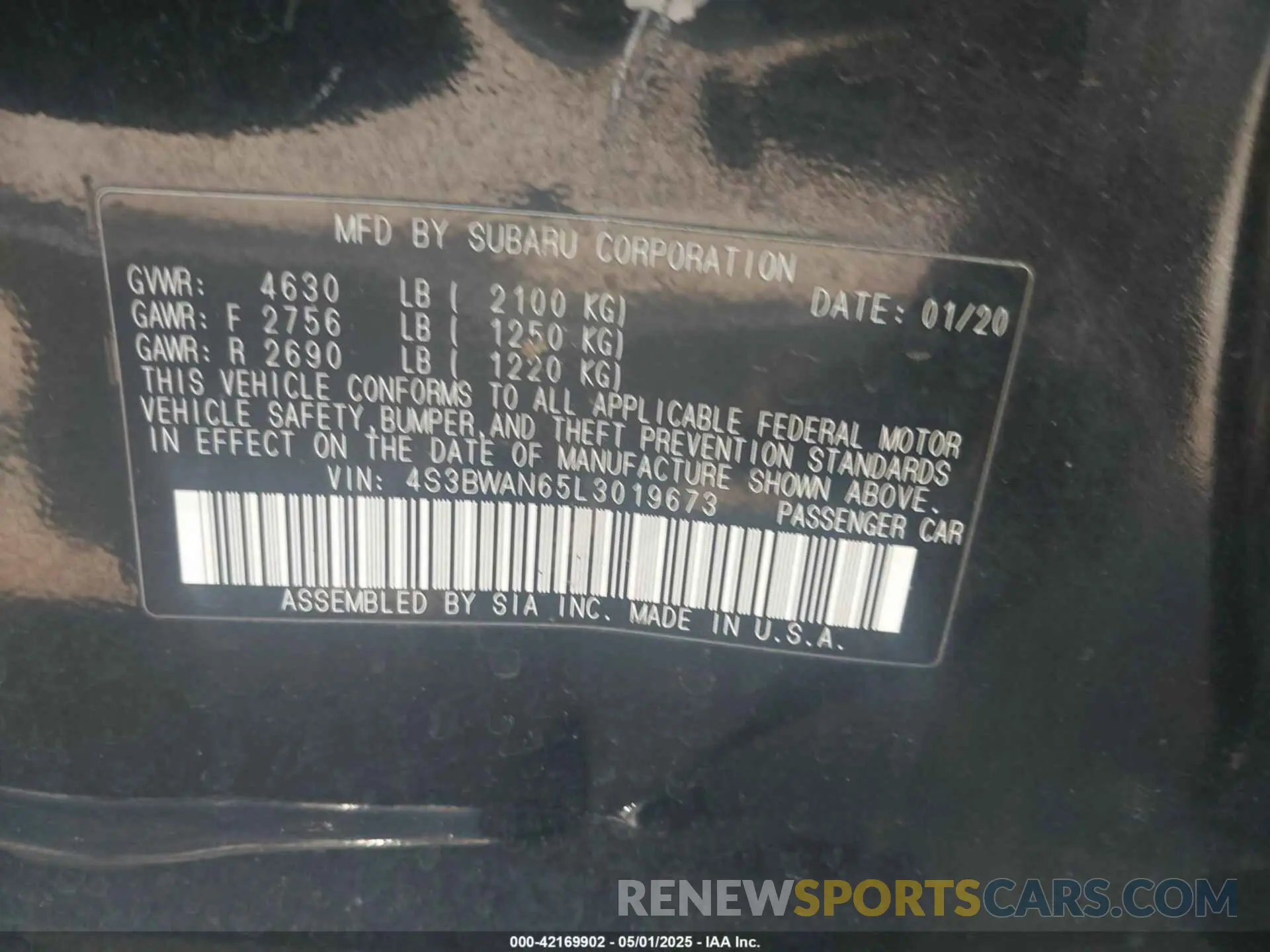 9 Photograph of a damaged car 4S3BWAN65L3019673 SUBARU LEGACY 2020