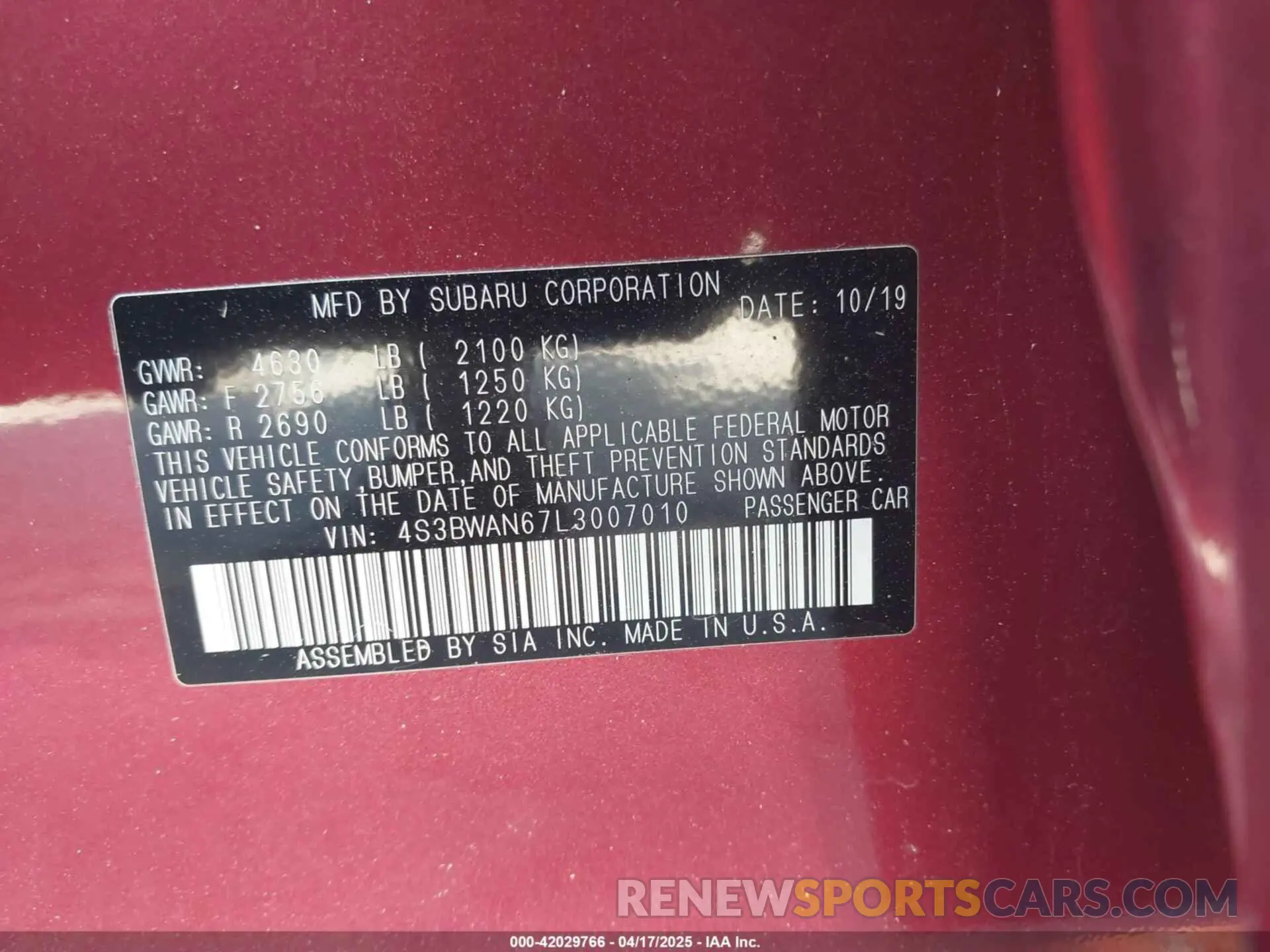 9 Photograph of a damaged car 4S3BWAN67L3007010 SUBARU LEGACY 2020