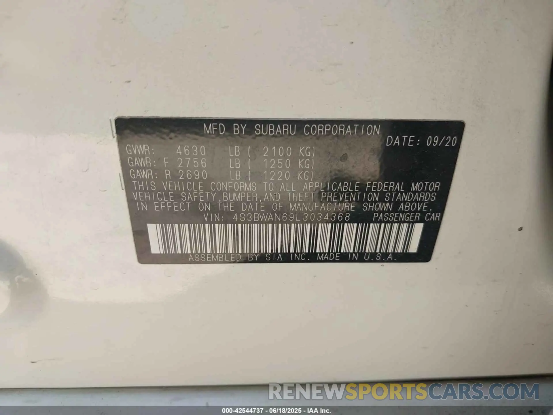9 Photograph of a damaged car 4S3BWAN69L3034368 SUBARU LEGACY 2020