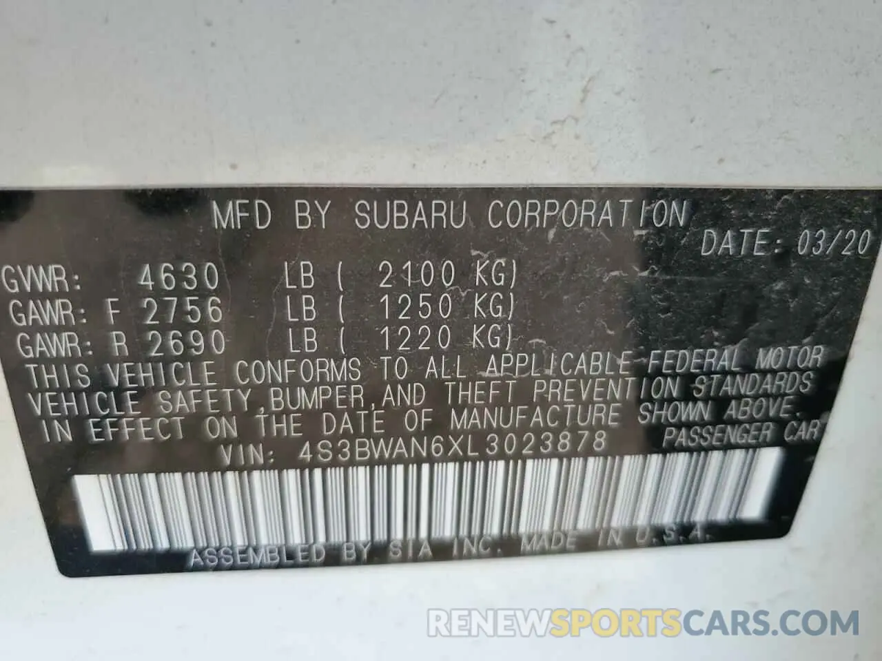 12 Photograph of a damaged car 4S3BWAN6XL3023878 SUBARU LEGACY 2020
