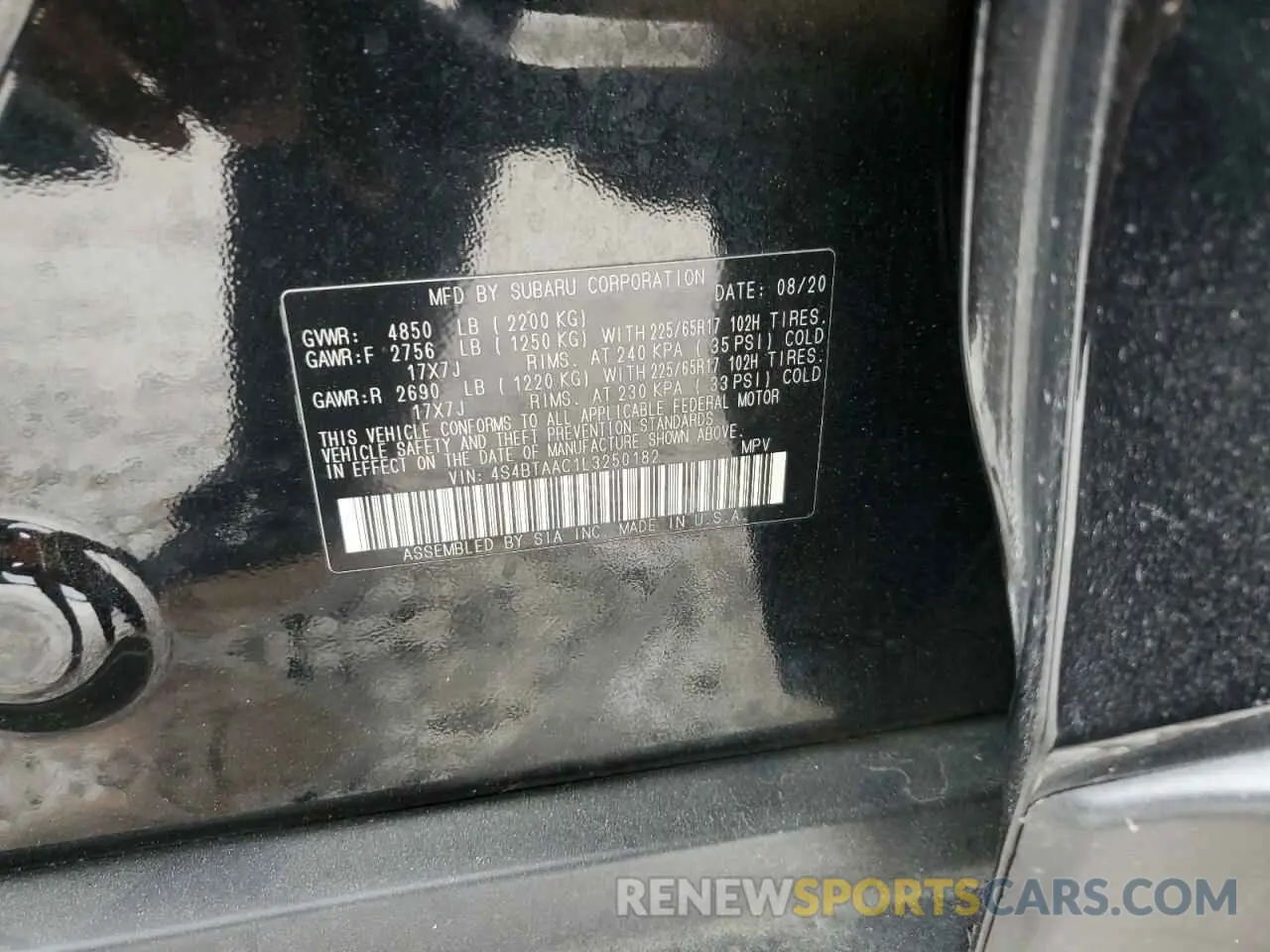 12 Photograph of a damaged car 4S4BTAAC1L3250182 SUBARU LEGACY 2020