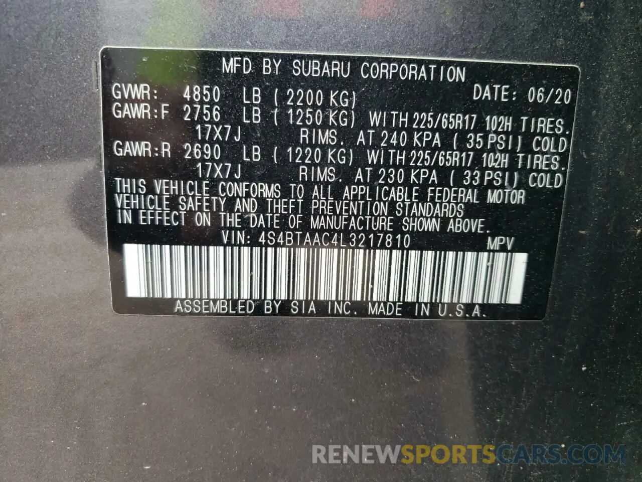 14 Photograph of a damaged car 4S4BTAAC4L3217810 SUBARU LEGACY 2020