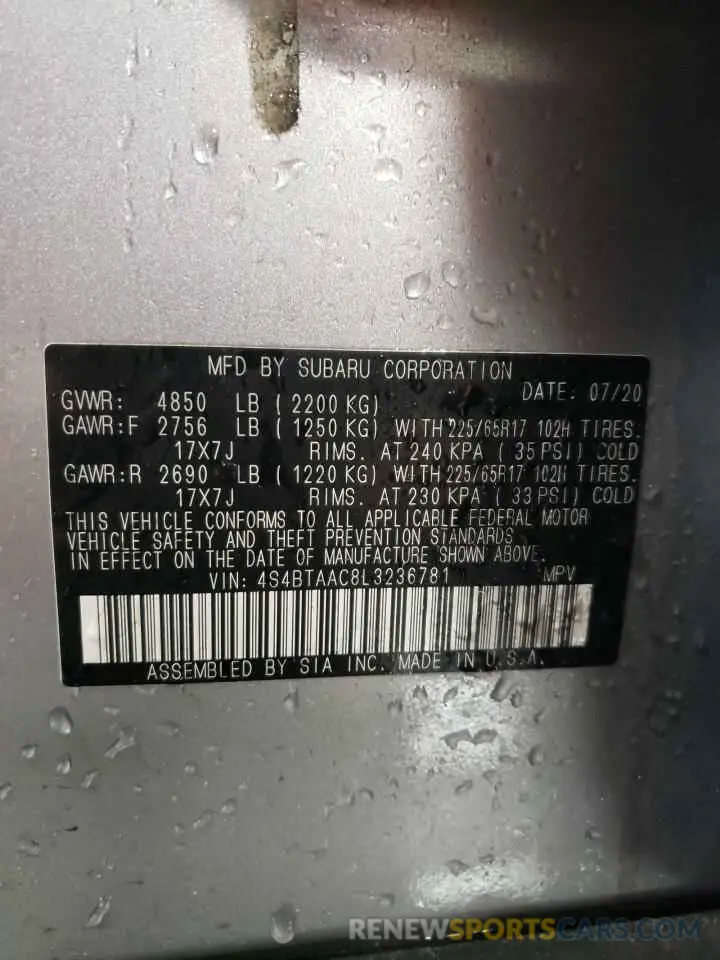 12 Photograph of a damaged car 4S4BTAAC8L3236781 SUBARU LEGACY 2020