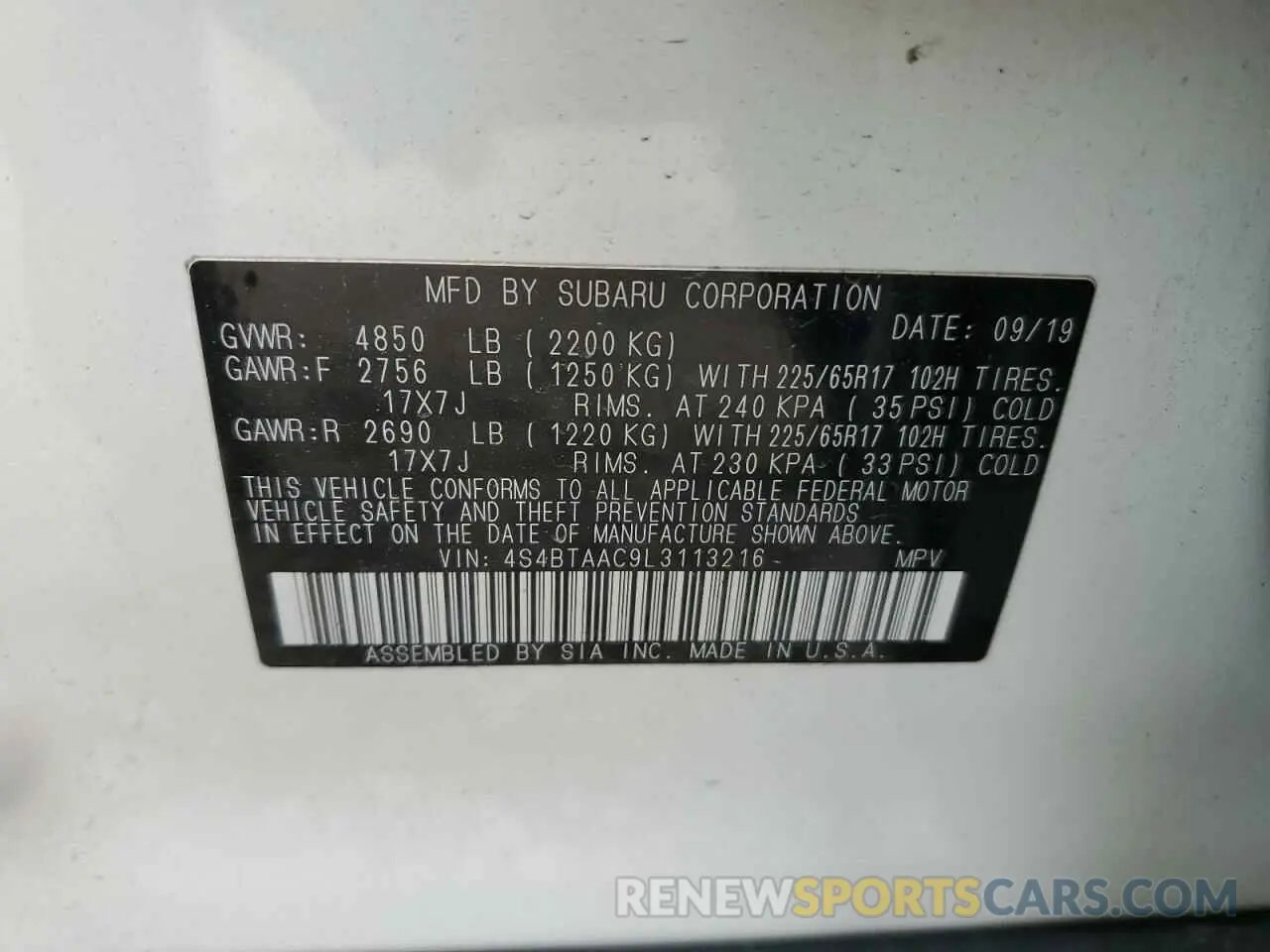 13 Photograph of a damaged car 4S4BTAAC9L3113216 SUBARU LEGACY 2020