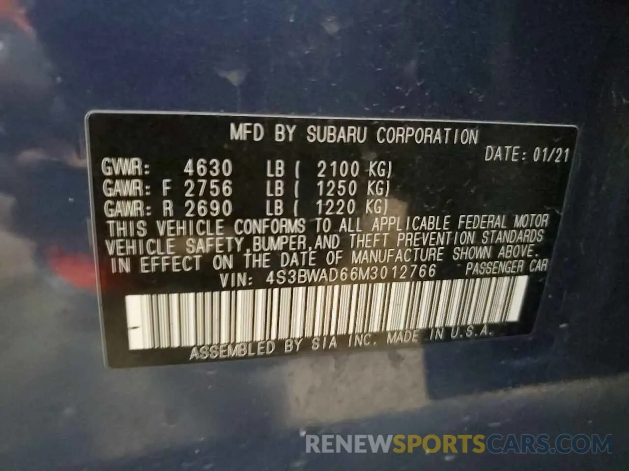 12 Photograph of a damaged car 4S3BWAD66M3012766 SUBARU LEGACY 2021