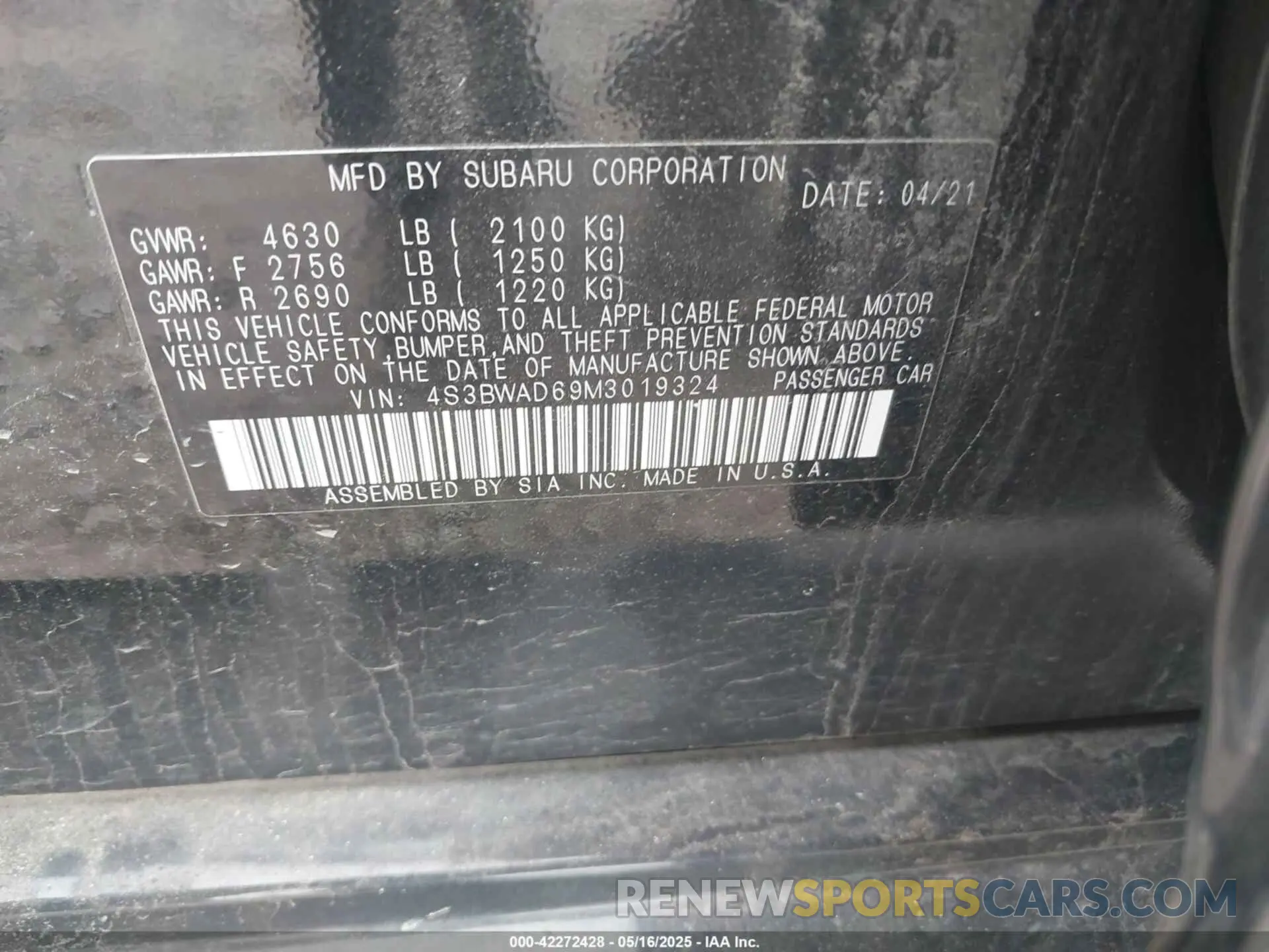 9 Photograph of a damaged car 4S3BWAD69M3019324 SUBARU LEGACY 2021