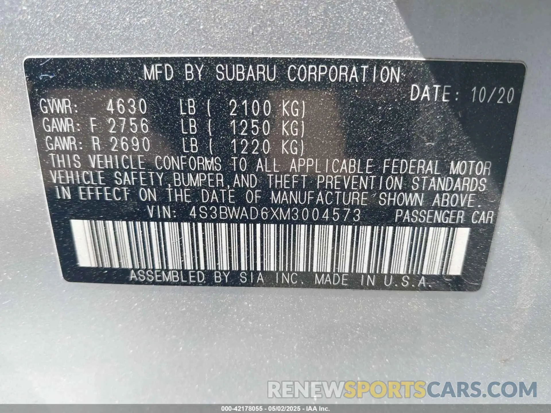 9 Photograph of a damaged car 4S3BWAD6XM3004573 SUBARU LEGACY 2021