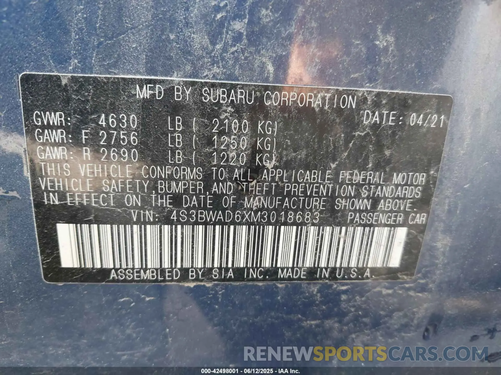 9 Photograph of a damaged car 4S3BWAD6XM3018683 SUBARU LEGACY 2021