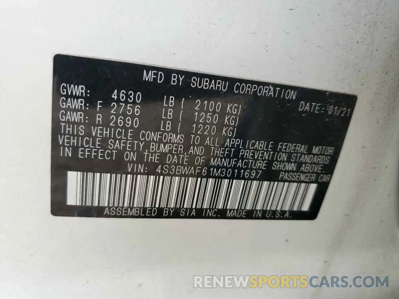 12 Photograph of a damaged car 4S3BWAF61M3011697 SUBARU LEGACY 2021