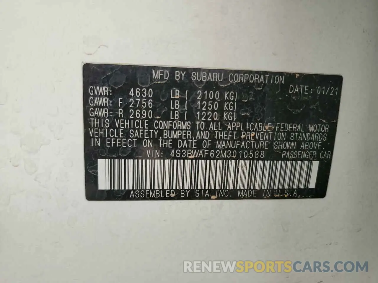 12 Photograph of a damaged car 4S3BWAF62M3010588 SUBARU LEGACY 2021