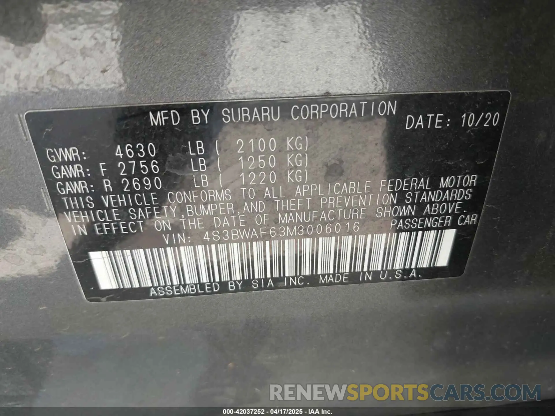 9 Photograph of a damaged car 4S3BWAF63M3006016 SUBARU LEGACY 2021