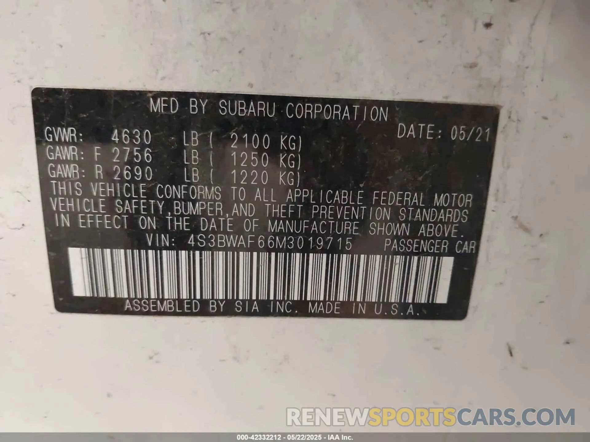9 Photograph of a damaged car 4S3BWAF66M3019715 SUBARU LEGACY 2021