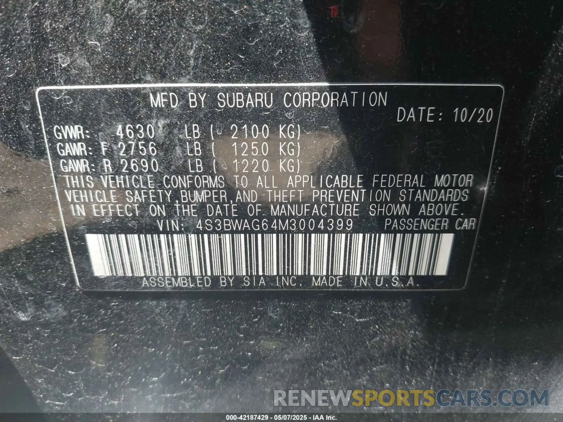 9 Photograph of a damaged car 4S3BWAG64M3004399 SUBARU LEGACY 2021