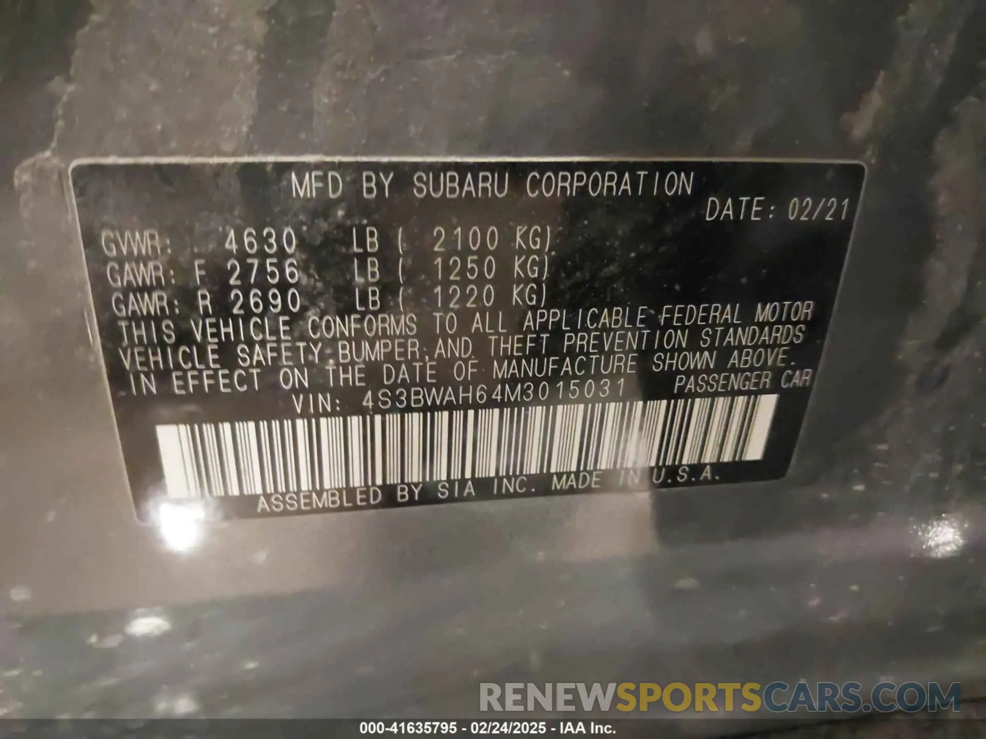 9 Photograph of a damaged car 4S3BWAH64M3015031 SUBARU LEGACY 2021