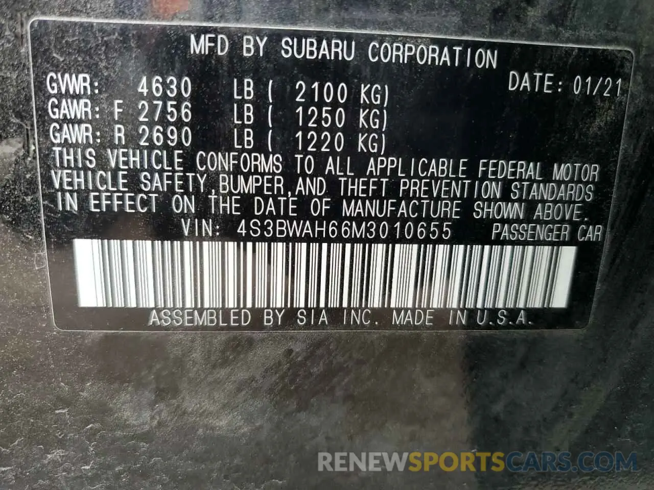 13 Photograph of a damaged car 4S3BWAH66M3010655 SUBARU LEGACY 2021