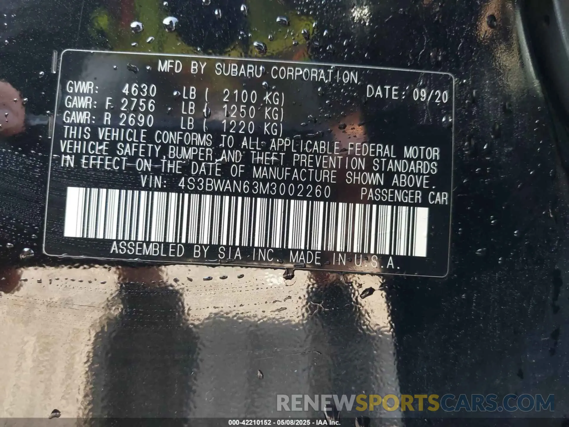 9 Photograph of a damaged car 4S3BWAN63M3002260 SUBARU LEGACY 2021