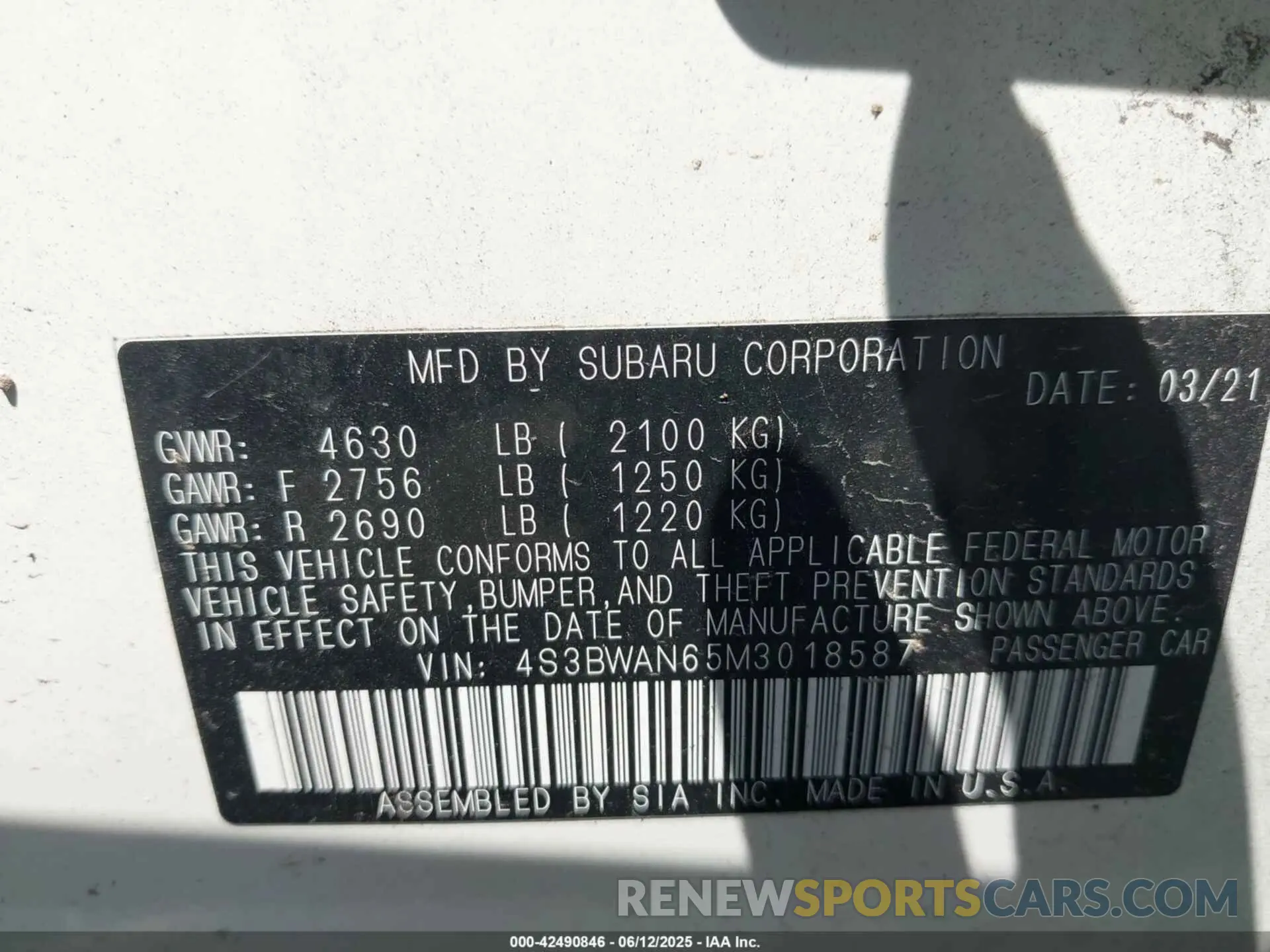 9 Photograph of a damaged car 4S3BWAN65M3018587 SUBARU LEGACY 2021