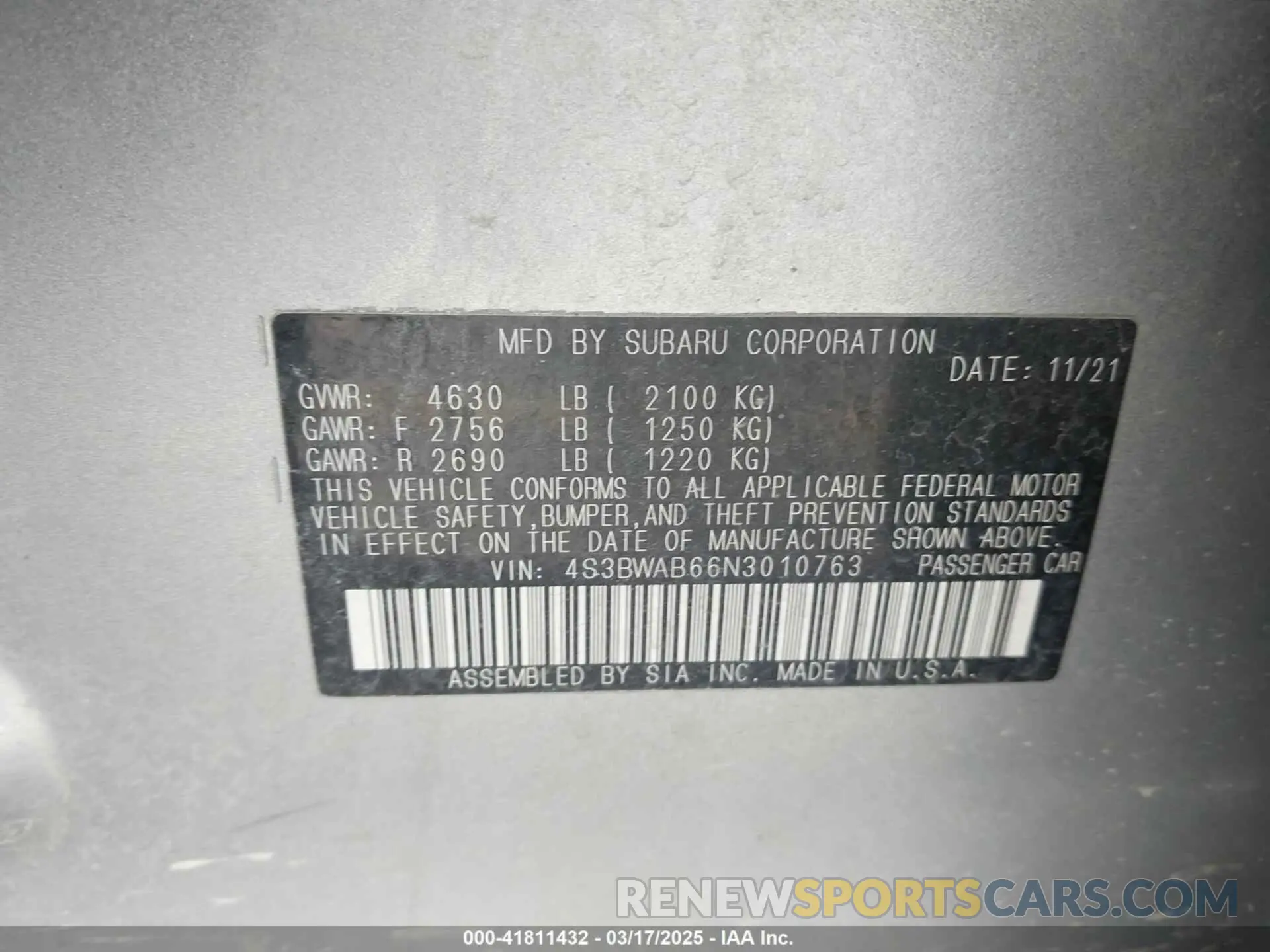 9 Photograph of a damaged car 4S3BWAB66N3010763 SUBARU LEGACY 2022
