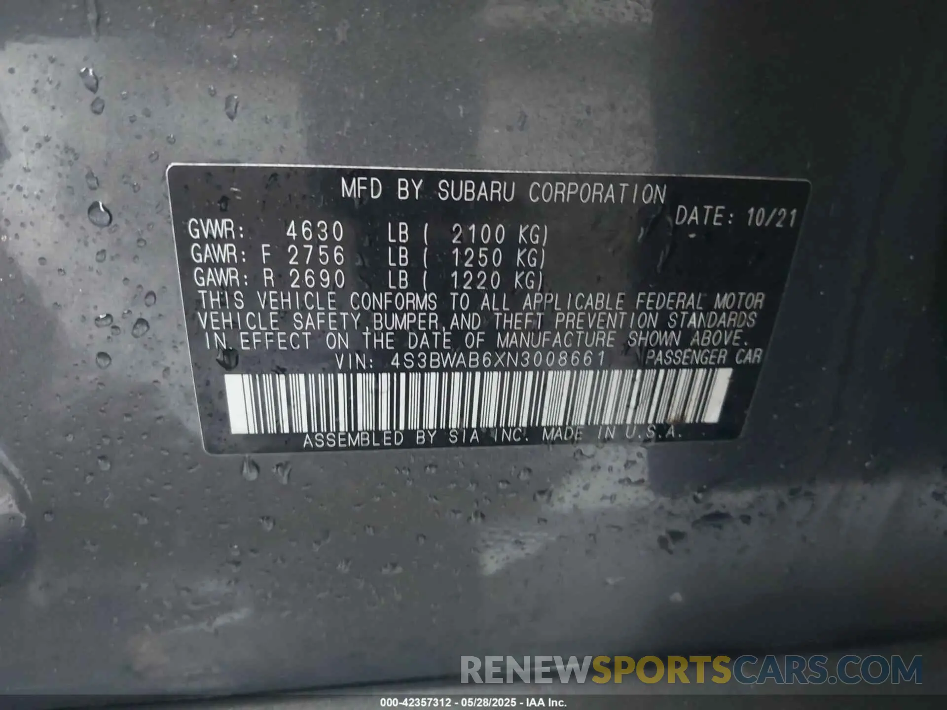 9 Photograph of a damaged car 4S3BWAB6XN3008661 SUBARU LEGACY 2022