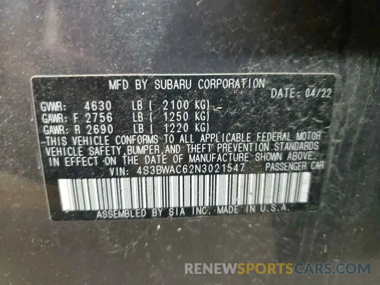 12 Photograph of a damaged car 4S3BWAC62N3021547 SUBARU LEGACY 2022