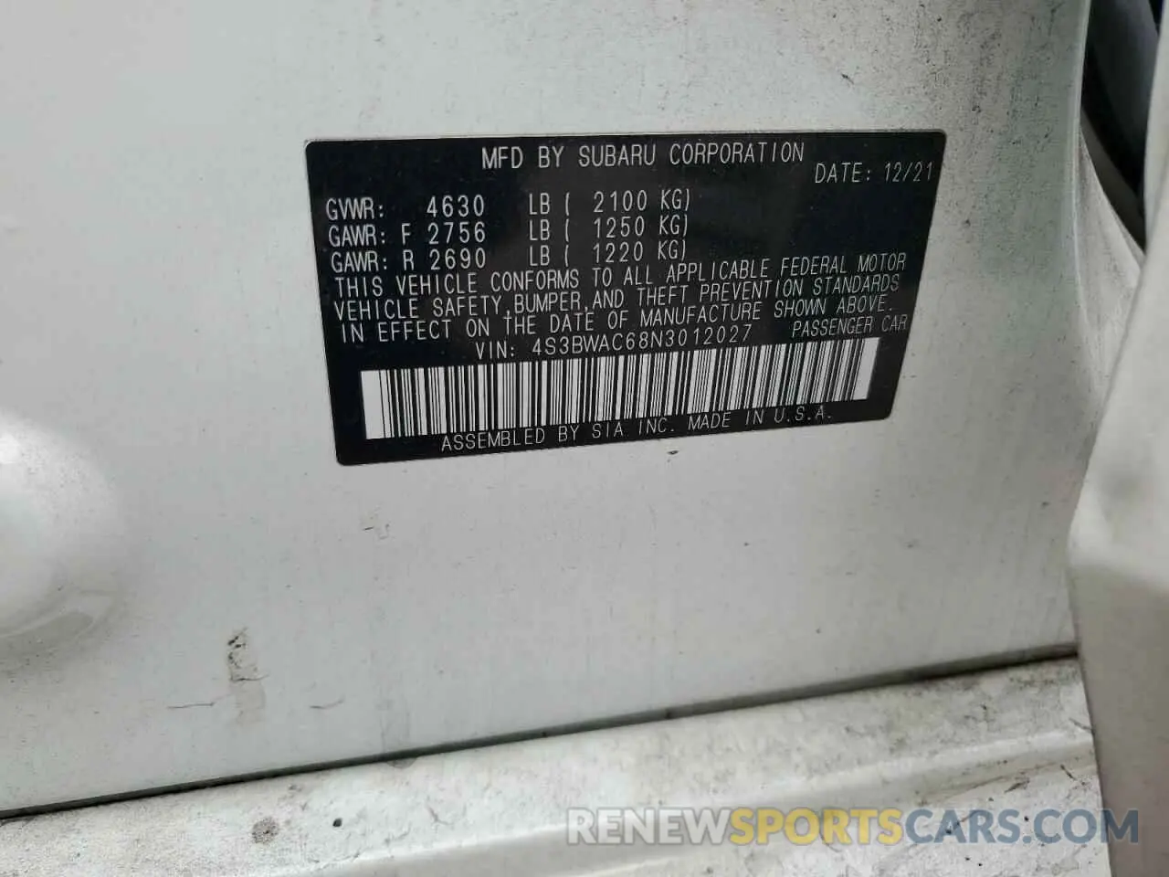 14 Photograph of a damaged car 4S3BWAC68N3012027 SUBARU LEGACY 2022