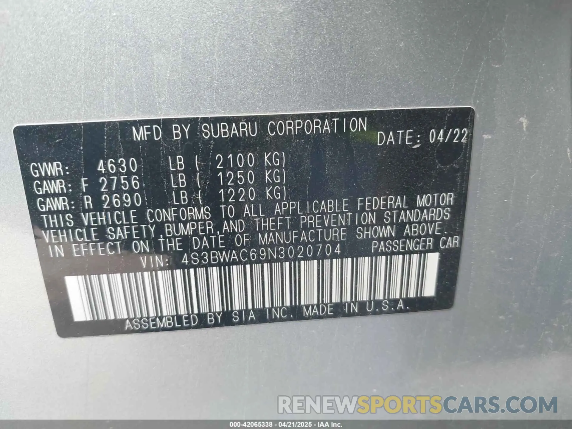 9 Photograph of a damaged car 4S3BWAC69N3020704 SUBARU LEGACY 2022