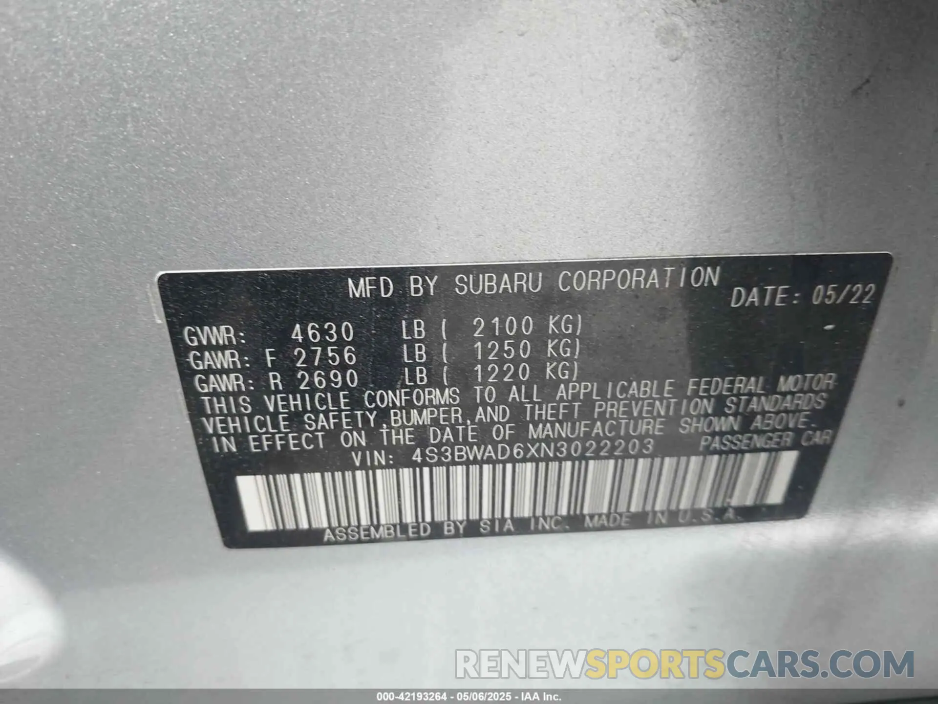 9 Photograph of a damaged car 4S3BWAD6XN3022203 SUBARU LEGACY 2022