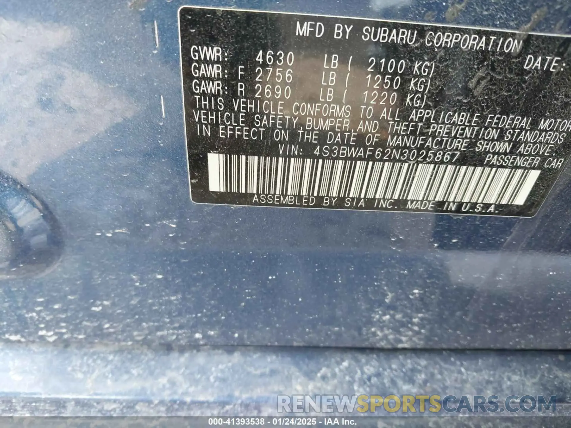 9 Photograph of a damaged car 4S3BWAF62N3025867 SUBARU LEGACY 2022