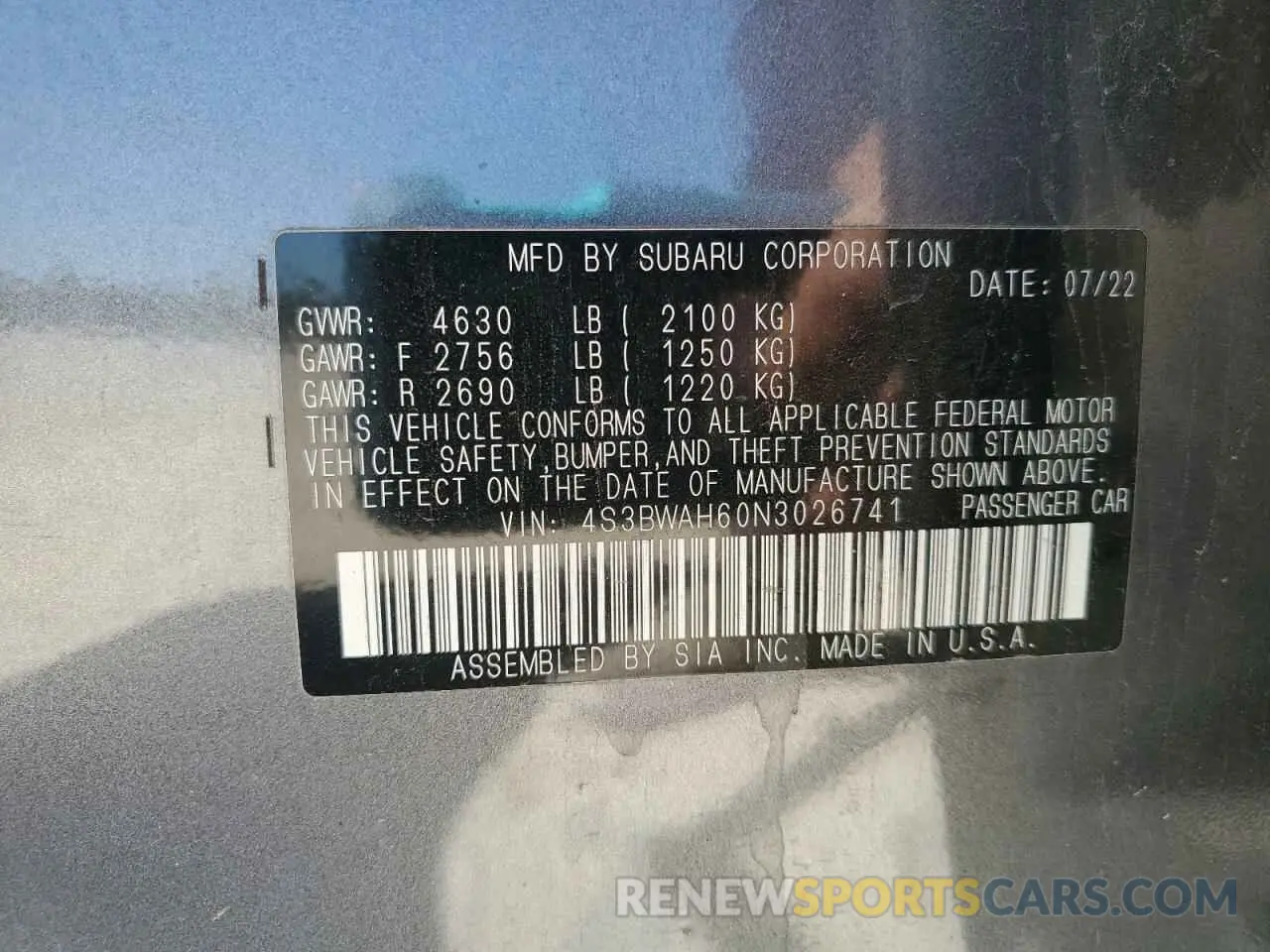 12 Photograph of a damaged car 4S3BWAH60N3026741 SUBARU LEGACY 2022