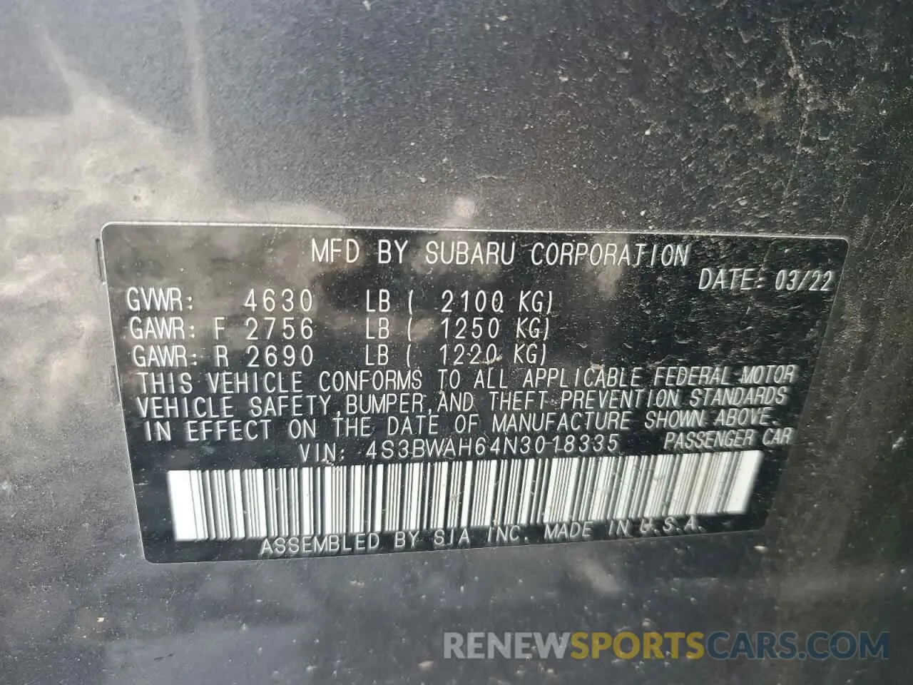 12 Photograph of a damaged car 4S3BWAH64N3018335 SUBARU LEGACY 2022