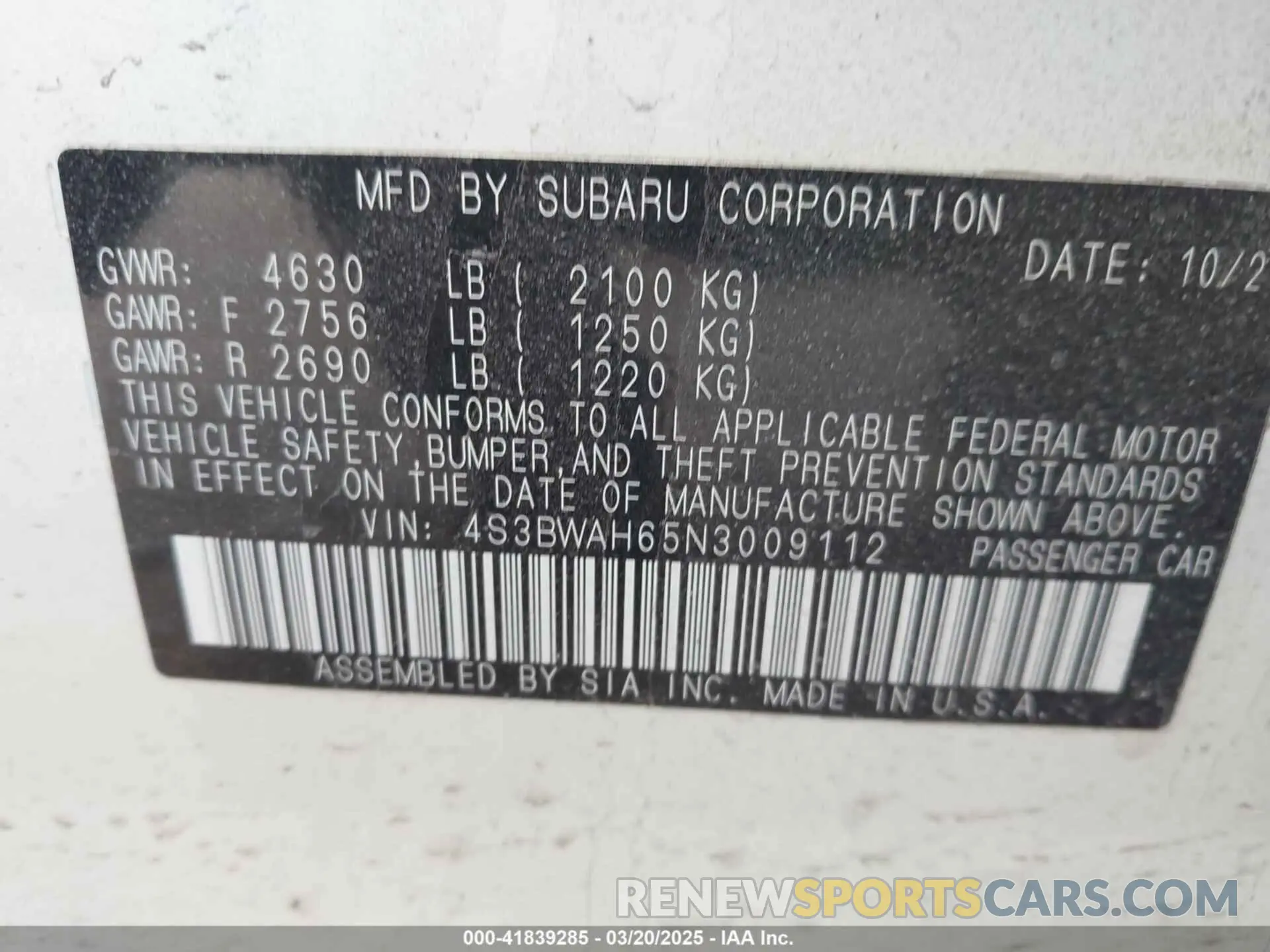 9 Photograph of a damaged car 4S3BWAH65N3009112 SUBARU LEGACY 2022