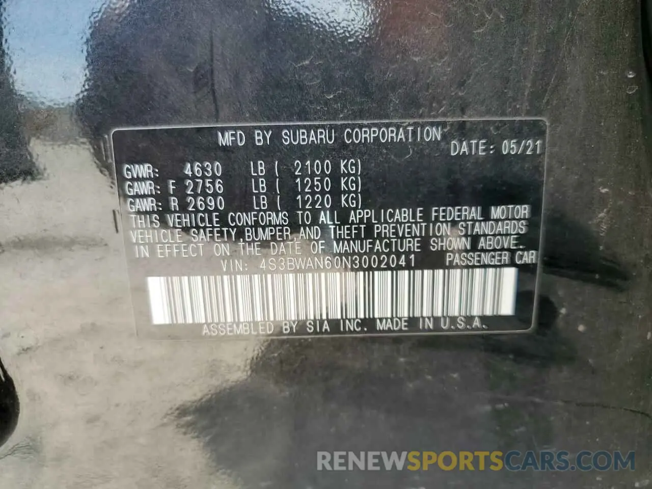13 Photograph of a damaged car 4S3BWAN60N3002041 SUBARU LEGACY 2022