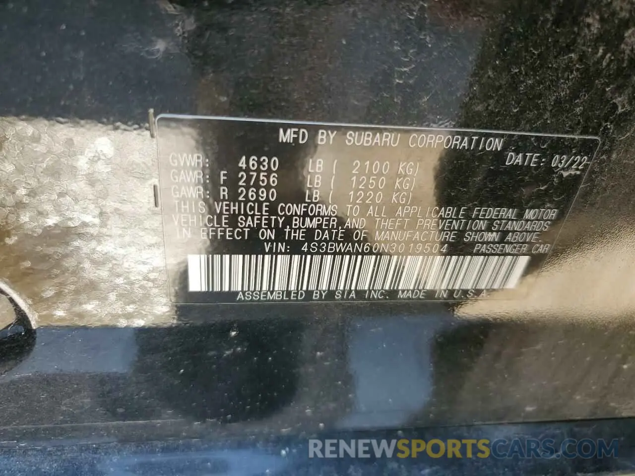 12 Photograph of a damaged car 4S3BWAN60N3019504 SUBARU LEGACY 2022