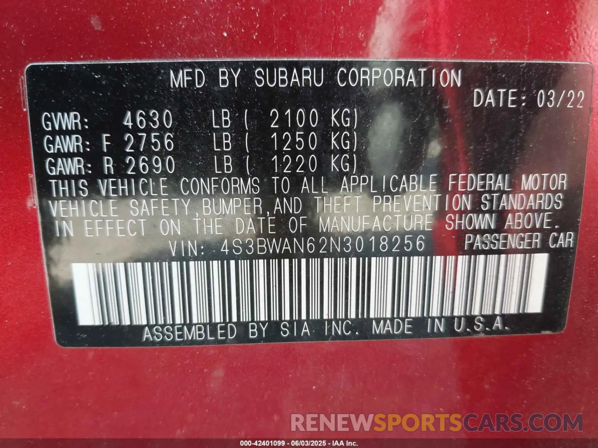 9 Photograph of a damaged car 4S3BWAN62N3018256 SUBARU LEGACY 2022