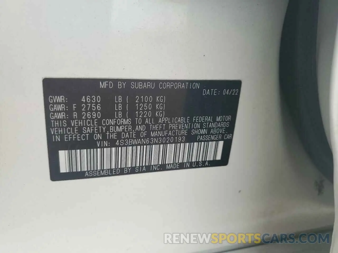 12 Photograph of a damaged car 4S3BWAN63N3020193 SUBARU LEGACY 2022