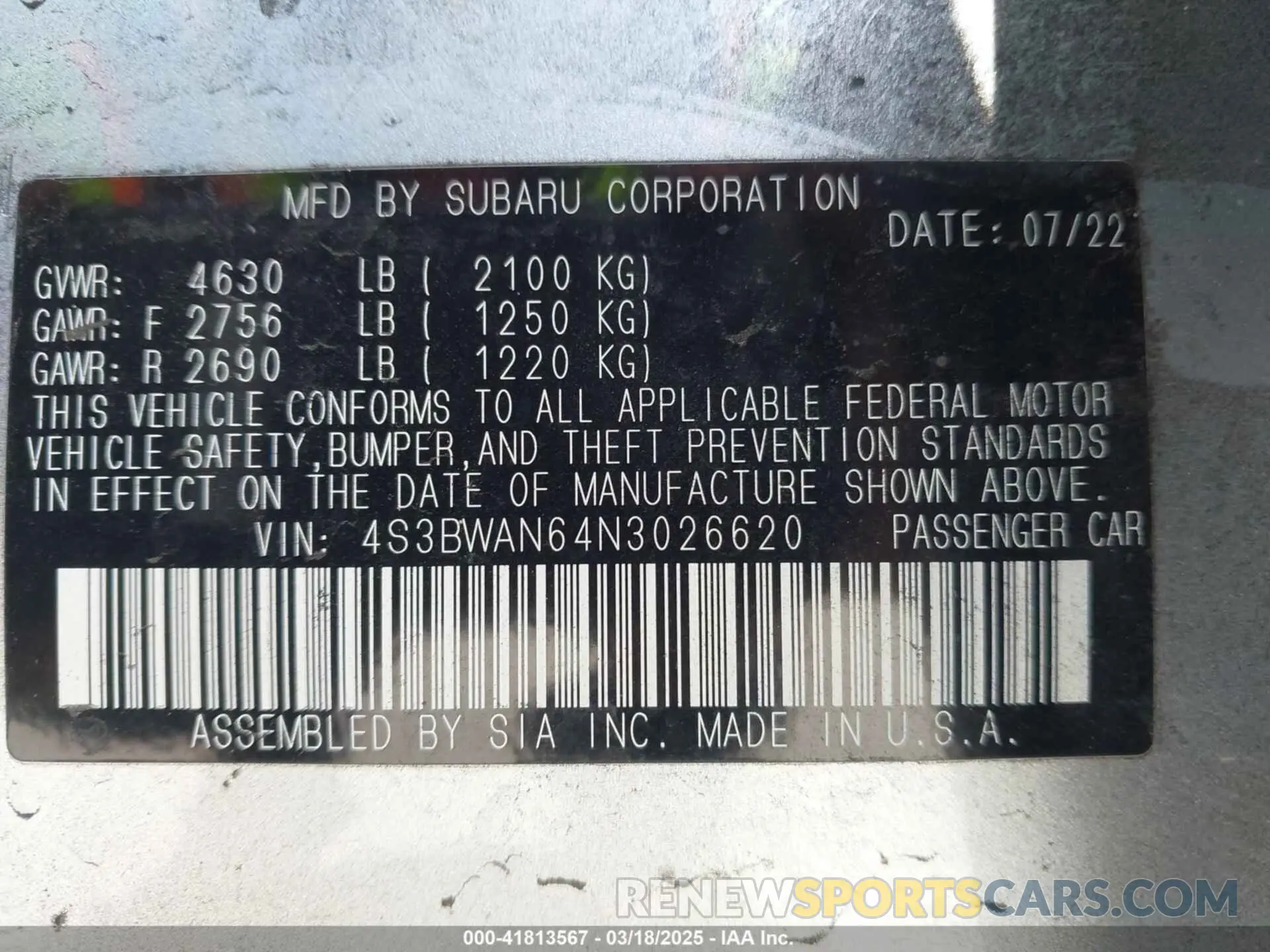 9 Photograph of a damaged car 4S3BWAN64N3026620 SUBARU LEGACY 2022