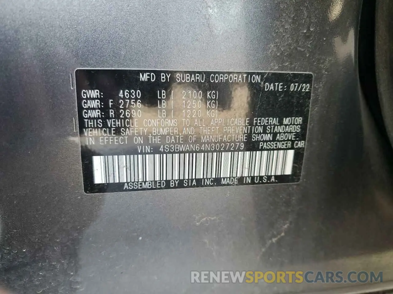 13 Photograph of a damaged car 4S3BWAN64N3027279 SUBARU LEGACY 2022