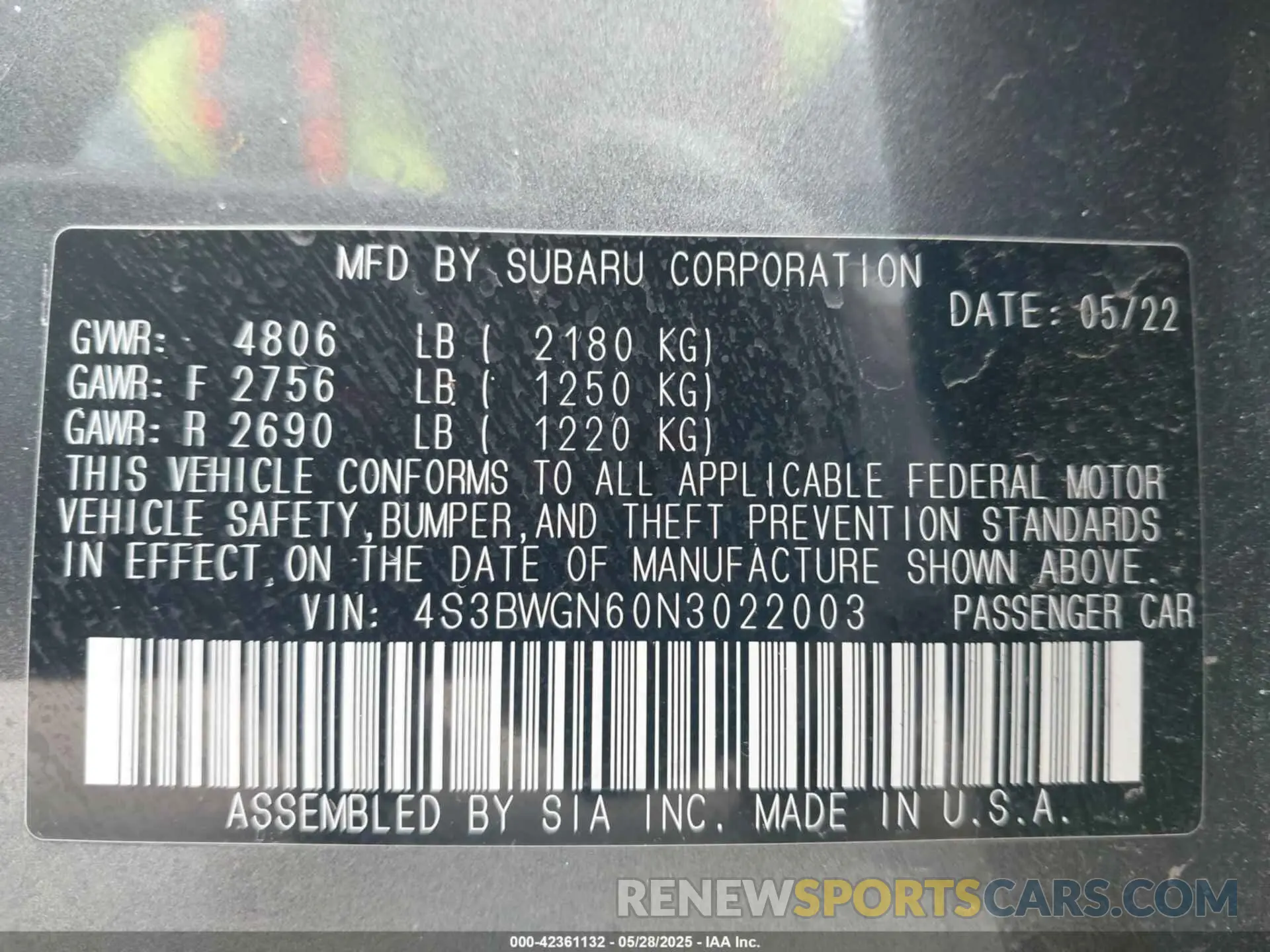 9 Photograph of a damaged car 4S3BWGN60N3022003 SUBARU LEGACY 2022