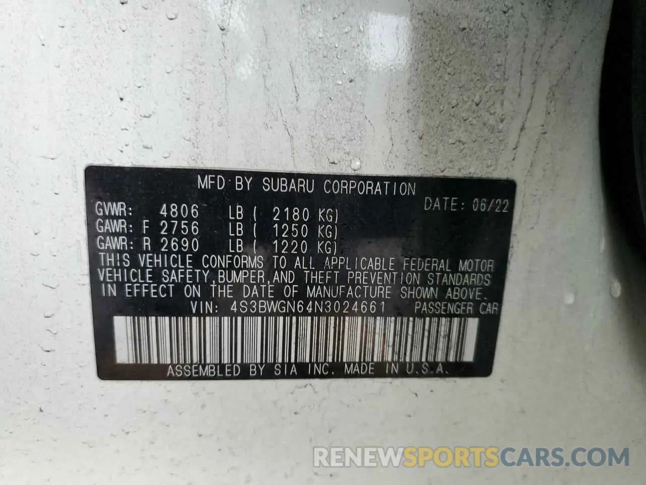 12 Photograph of a damaged car 4S3BWGN64N3024661 SUBARU LEGACY 2022