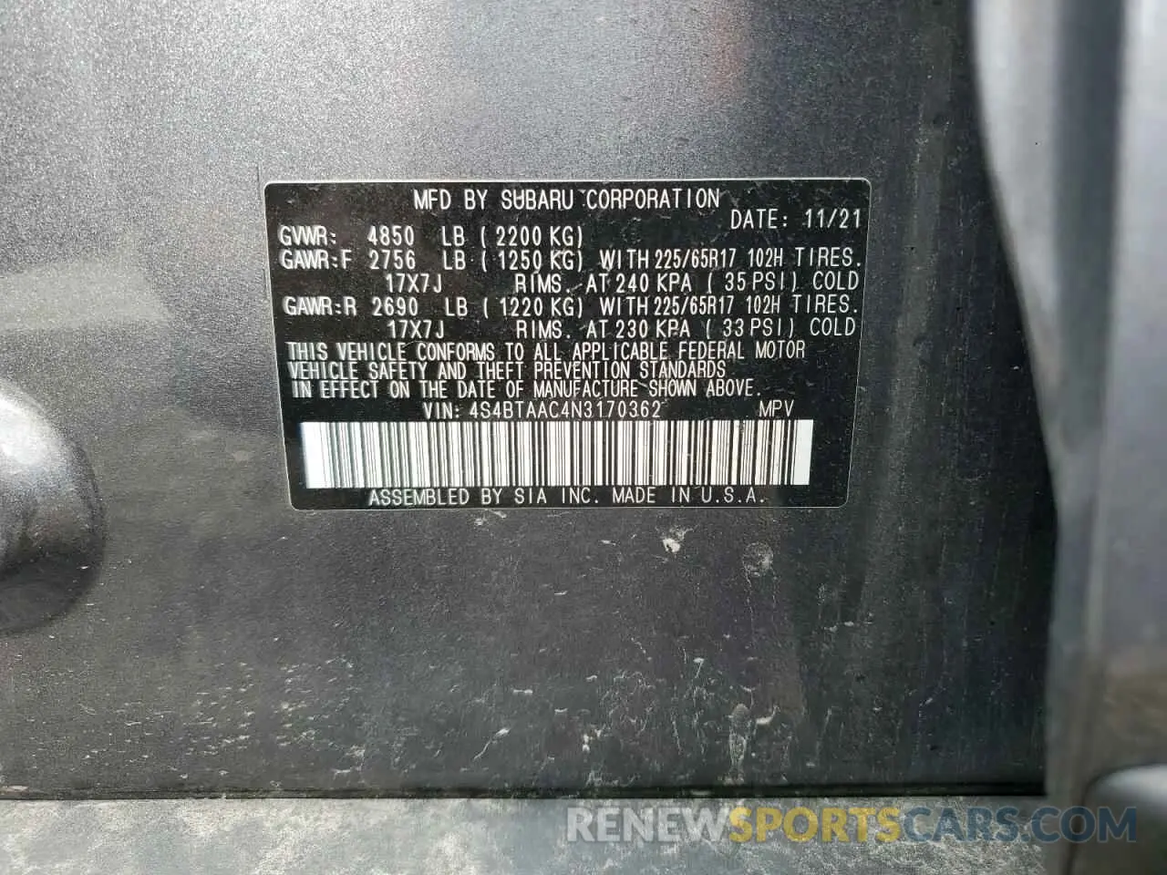 13 Photograph of a damaged car 4S4BTAAC4N3170362 SUBARU LEGACY 2022