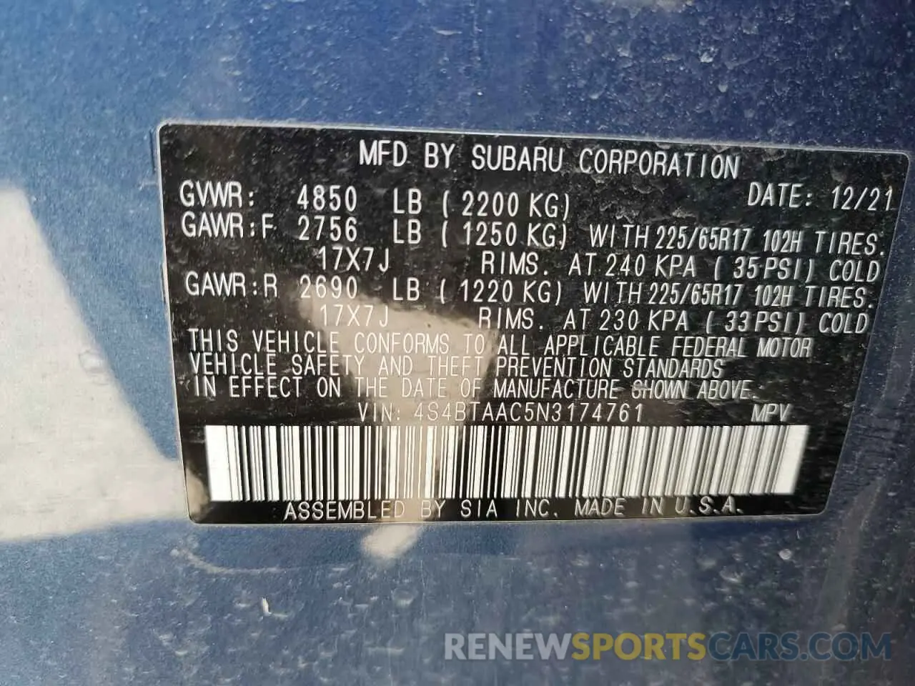 12 Photograph of a damaged car 4S4BTAAC5N3174761 SUBARU LEGACY 2022