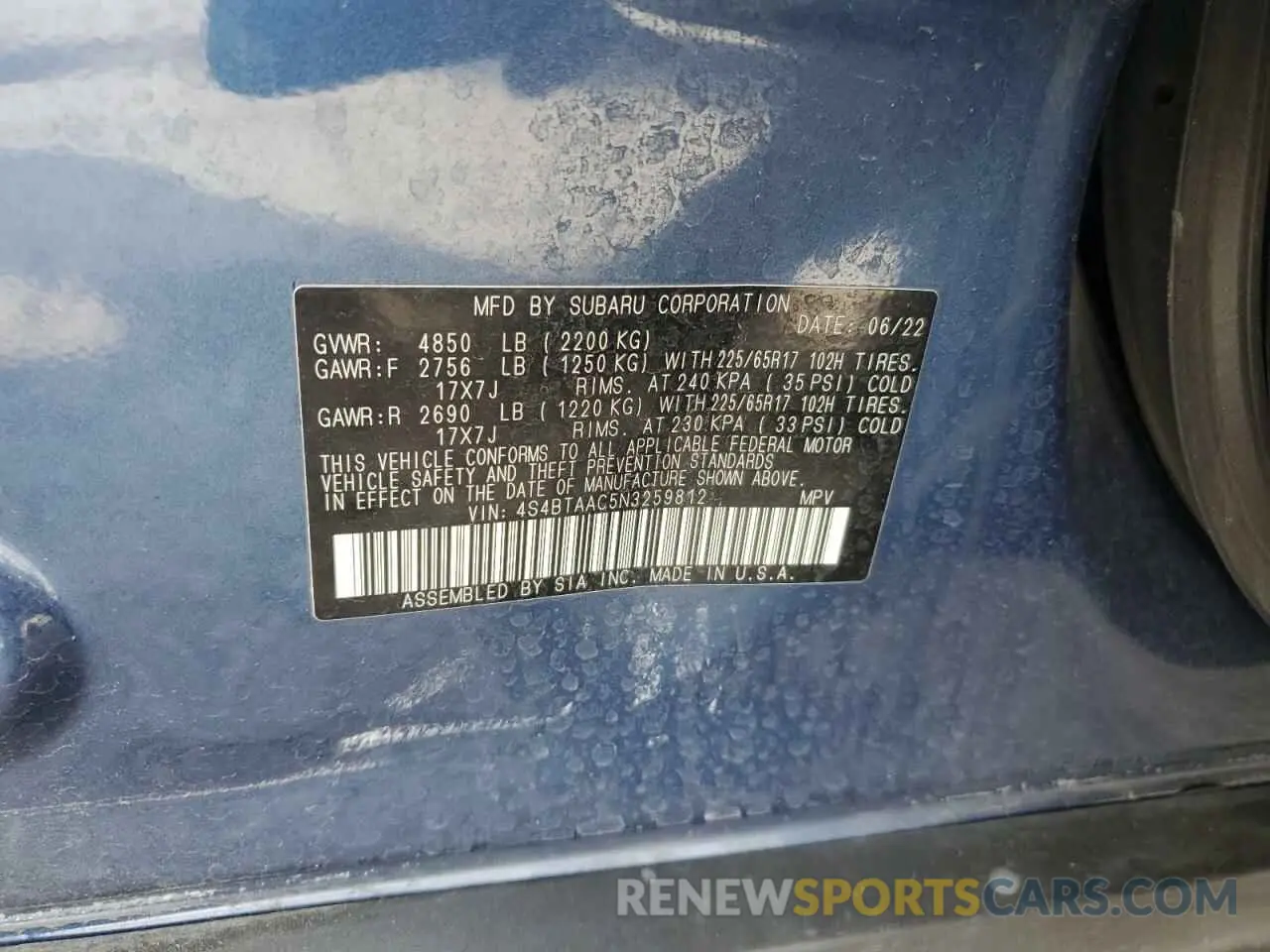 12 Photograph of a damaged car 4S4BTAAC5N3259812 SUBARU LEGACY 2022