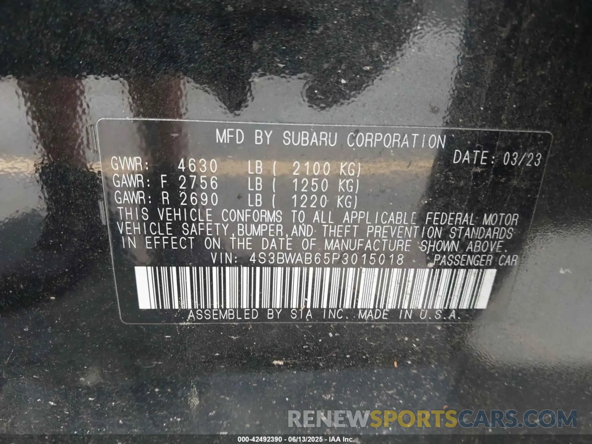 9 Photograph of a damaged car 4S3BWAB65P3015018 SUBARU LEGACY 2023