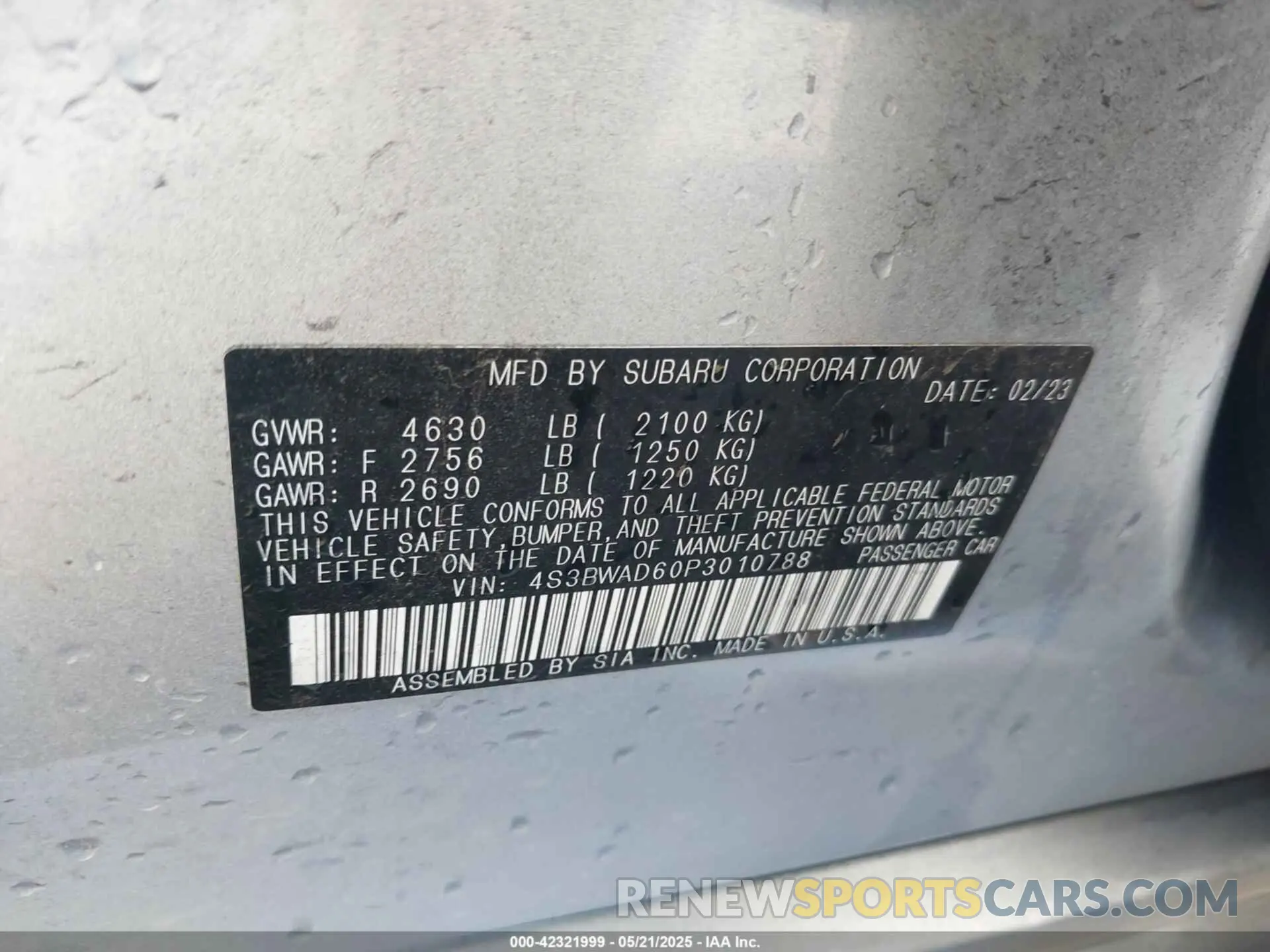 9 Photograph of a damaged car 4S3BWAD60P3010788 SUBARU LEGACY 2023