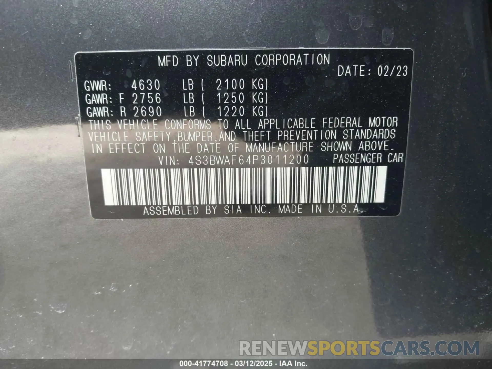 9 Photograph of a damaged car 4S3BWAF64P3011200 SUBARU LEGACY 2023
